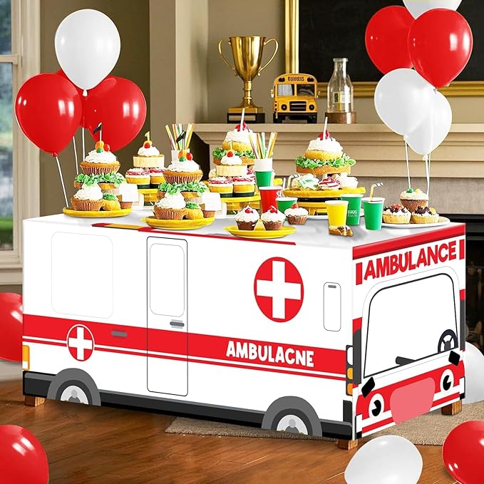 Cumule Large Ambulance Tablecloths Ambulance Birthday Party Decorations Washable Polyester Rectangle Table Cover Decor for Dinner Picnic Table Cloth School Home Decoration 70.8x30.7x30.7Inch