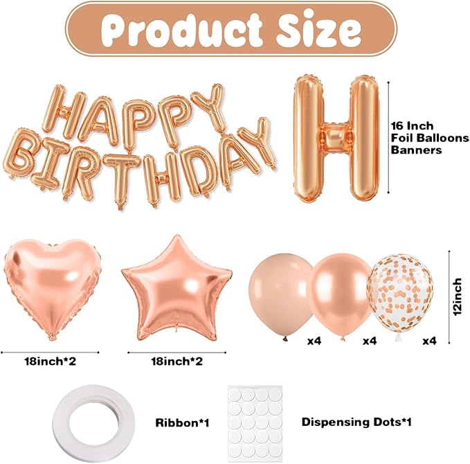 29PC Rose Gold Happy Birthday Balloon Banner, 16 Inch 3D Aluminum Letter Banner Sign, Pearl Rose Gold Metallic Balloons 18 Inch Star Heart Foil Balloons for Women, Men Party Decorations