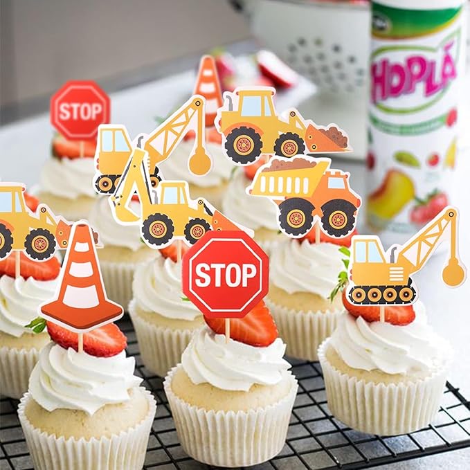 36 Pack Construction Cupcake Toppers Dump Truck Excavator Tractor Party Stop Sign Cupcake Picks Kids Birthday Construction Theme Baby Shower Party Cake Decorations Supplies