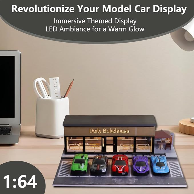 1/64 Model Car Display Shop Case for Adults, Premium in-House-Design Scale Diecast Parking Garage for Toy Cars, Toys Car Garage, Scenic Diorama Display Car Park with ith LED Lamps, Gifts for Men