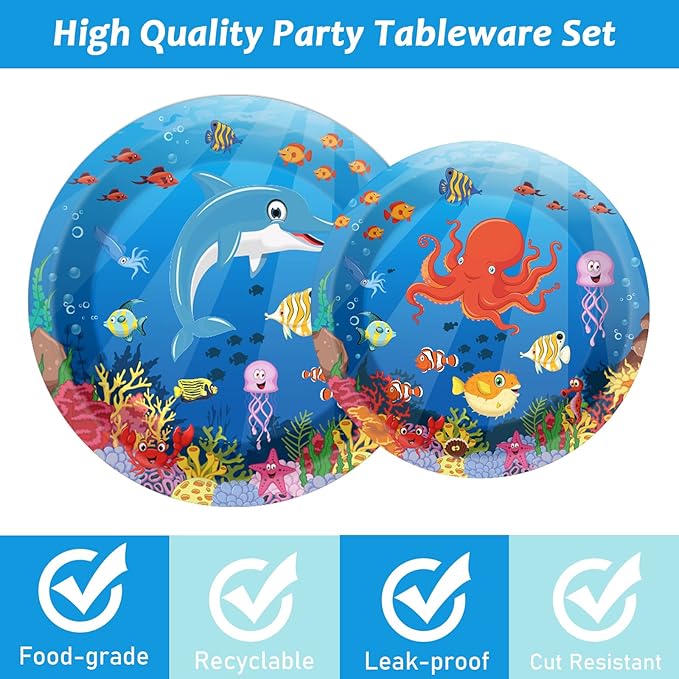 gisgfim 96 Pcs Ocean Under the Sea Plates and Napkins Party Supplies Ocean Themed Tableware Set Lunch Napkins Party Decorations Favors for Underwater Dolphin Fish Birthday Baby Shower Serves 24