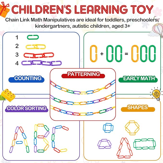 Wettarn Bucket of 1000 Pcs Rainbow C Clip Hooks Chain Links Operation Christmas Plastic Kids Counting Toys Bulk Math Manipulatives Counters for Learning Supplies DIY Education Gifts Fine Motor Skill
