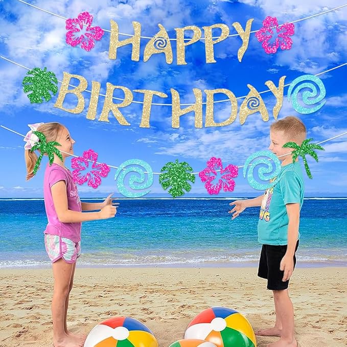 Hawaiian Moana Birthday Banner Party Decoration Glittery Gold for Happy Birthday Tropical Luau Summer Baby Shower Decor