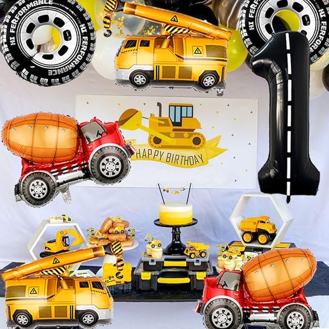 1st Birthday Decorations for Boys Construction Balloons 40inch Number 1 Balloons Truck Foil Balloon for Construction Birthday Party Decorations Supplies