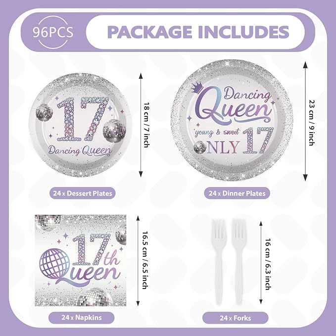 Grencian 96 Pcs Dancing Queen 17th Birthday Party Supplies Dancing Queen 17th Paper Plates and Napkins Disposable Silver Disco Party Tableware Set for Girls 17 Year Old Birthday Decorations Serves 24