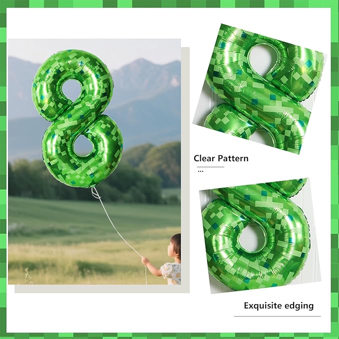 40 Inch Green Pixel Miner Number 6 Foil Balloons Large Mylar Mining Theme 6th Number Balloon Video Game Birthday Decorations Pixel Game Party Supplies
