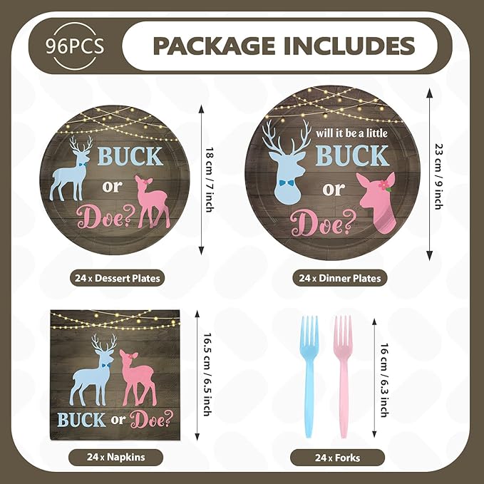 96Pcs Buck or Doe Gender Reveal Party Decorations Rustic Wood Themed Plates and Napkins Blue Pink Deer Disposable Paper Tableware Set for Boy or Girl Gender Reveal Party Supplies Serves 24