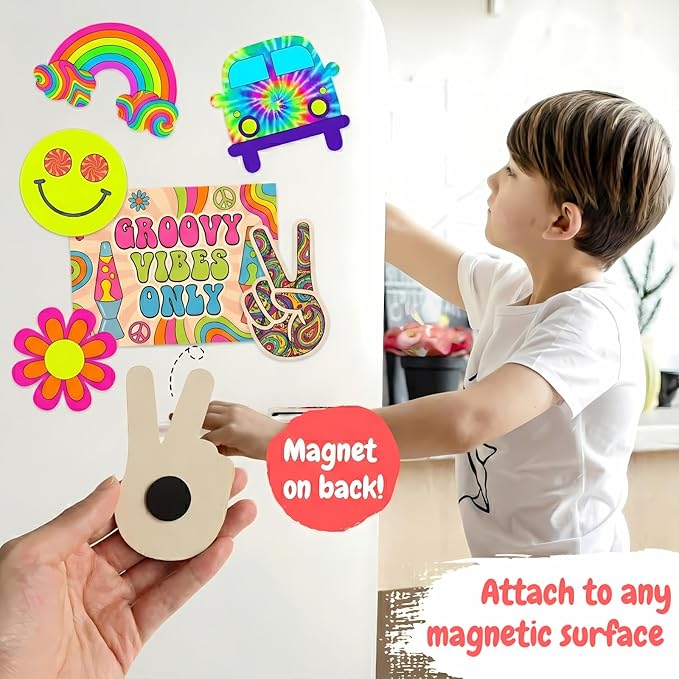 BOIKOKY 12 Pack Pre-Packaged Groovy Party Favors, Wooden Retro Cutouts with Magnets & Painting Kits for Kids, 70s Theme Birthday Decorations & Thank You Gifts for Guests