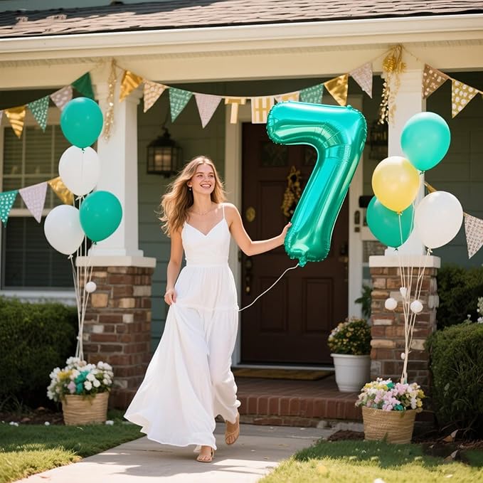 40 Inch Teal Blue Balloon Number 7 Birthday Jumbo Mylar Foil Helium Balloon for 7th 17 27 37 Birthday Digital for 70th Party Wedding Anniversary Party Decorations