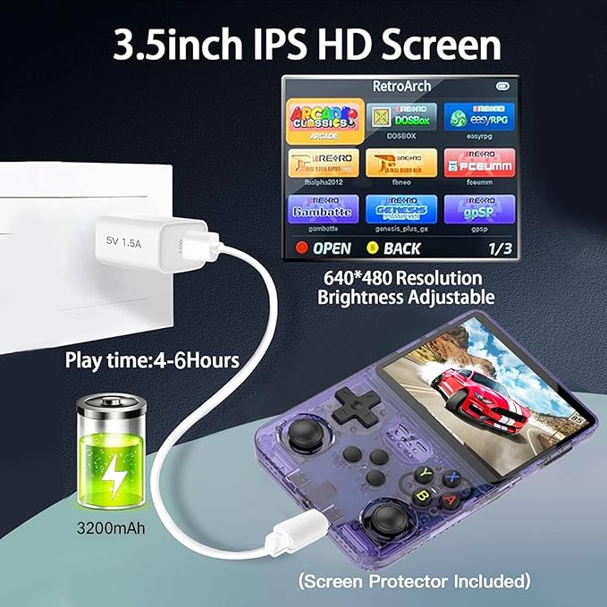 Retro Handheld Game Console Preload 20000+ Games ，12+Emulators , Portable Retro Gaming Console 3.5-inch IPS Screen （Purple