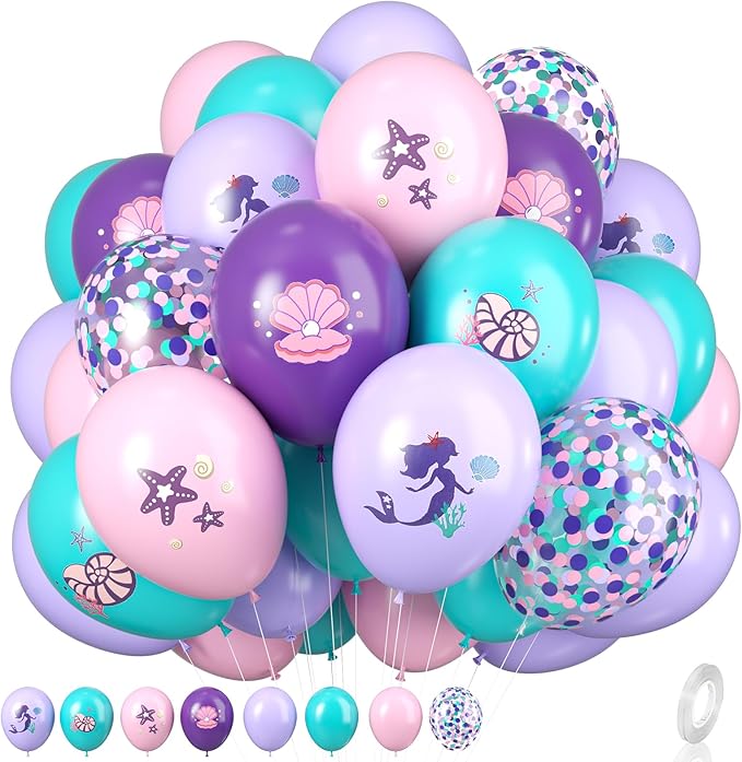 Mermaid Party Balloons, Mermaid Purple Pink Teal Balloon with conch shell starfish Print Balloons Mermaid Confetti Balloon for Under the Sea Theme Birthday Kids Girls Princess Party Supplies