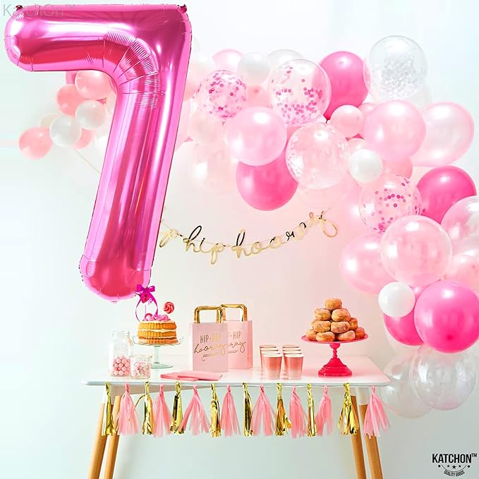 KatchOn, Giant Hot Pink Number 7 Balloon - 40 Inch | Pink 7 Mylar Foil Balloon For Happy Birthday Decorations | 7th Anniversary Decorations | 7th Birthday Party Supplies | Birthday Party Decoration