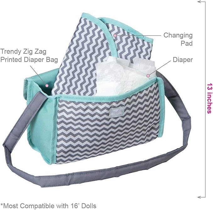 Adora Zigzag Baby Doll Diaper Bag & Doll Accessories Set - Includes Changing Mat, Diaper and Diaper Bag for Ages 3 and Up - Zig Zag Print