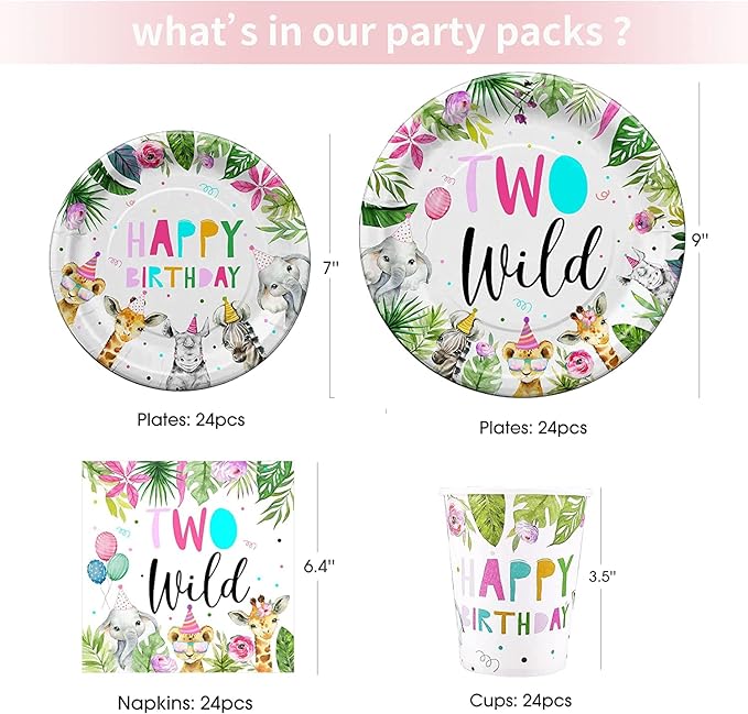 Two Wild Birthday Decorations Dinnerware For Girl, Jungle Safari Theme 2nd Birthday Party Supplies Include Plate, Cup, Napkin, Backdrop, Banner, Tablecloth, Balloon, Cutlery, Topper | Serve 24