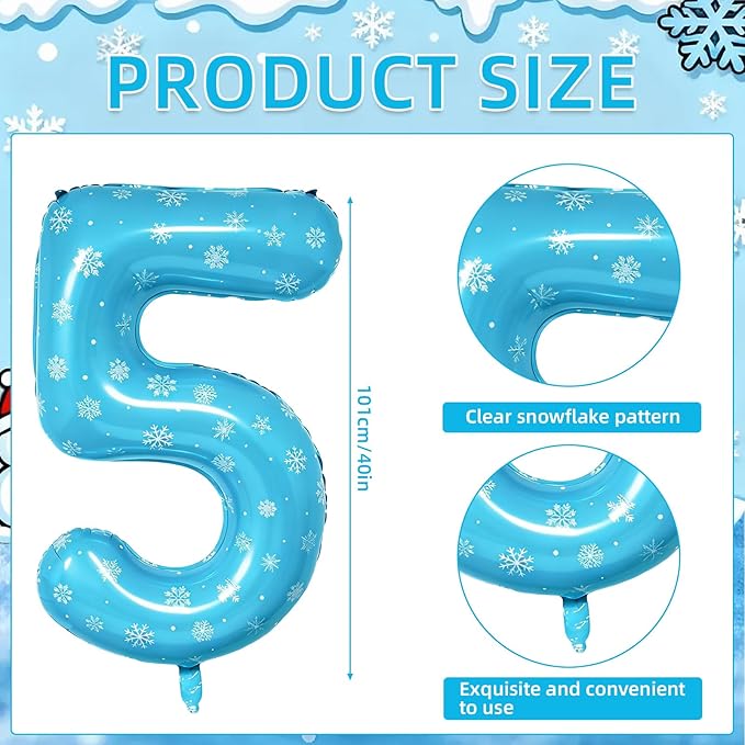 Snowflake Balloons Birthday Decorations, 40'' Frozen Number 5 Balloon for 5th Birthday Party Supplies