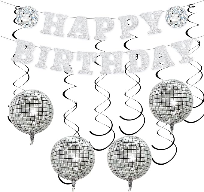 FBQ Silver Disco Happy Birthday Banner 4D Sphere Disco Balloon Hanging Swirls Black 70s 80s 90s Disco Themed Hippie Party Birthday Party Decorations Shower