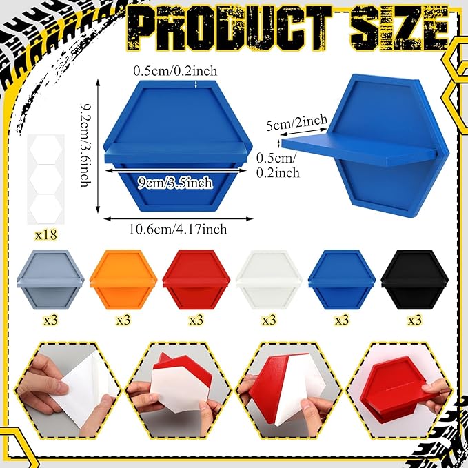 Thyle 18 Pcs Wood Toy Cars Wall Display Hexagon Floating Shelves Compatible with Hot Wheels 1/64 Scale Model Cars Storage Organizer Wall Mount Display Cabinet Case Holds up to 18 Diecast Car
