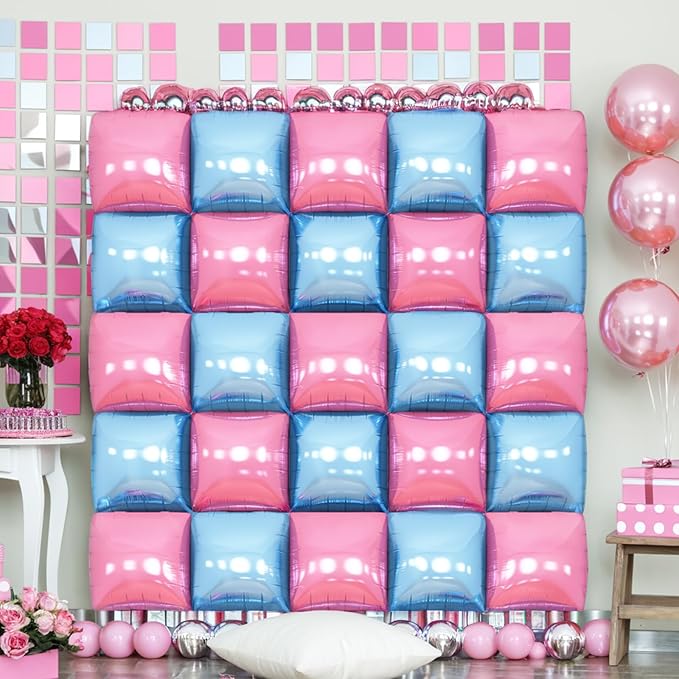 Pink Blue Square Foil Balloon Wall,25Pcs Double Sided Foil Balloons Backdrop Helium Polyester Tunnel Arch Garland Kit for Birthday Gender Reveal Anniversary Baby Shower Party Decorations
