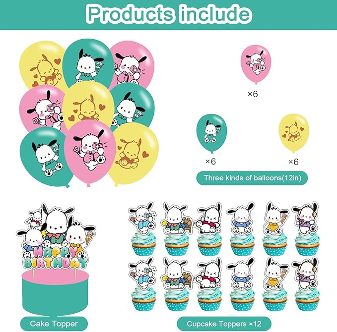 Pochacco Themed Birthday Party Supplies - Kawaii Pochacco Balloons, Cupcake & Cake Toppers
