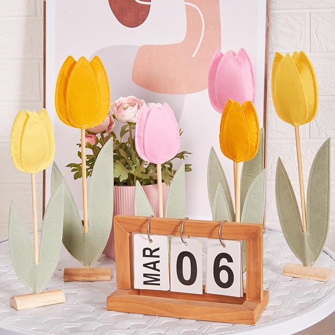 SUNBEAUTY 6Pcs Spring Tulips Flower Table Decoration Easter Tulip Felt Centerpiece Pink Yellow Orange Tulips Floral Tabletop Signs for Easter Garden Birthday Home Party Mothers Day Decor