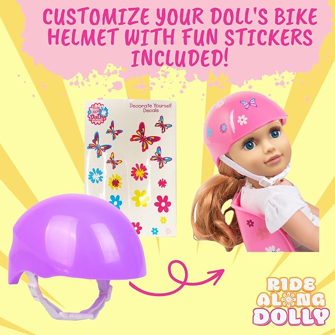 Ride Along Dolly Bike Helmet for 18" Dolls (Pink) - Compatible w American Girl- Bicycle Accessory w Decal Stickers -Ride with Style- Perfect Stocking Stuffer and Christmas Holiday Gift for Girls
