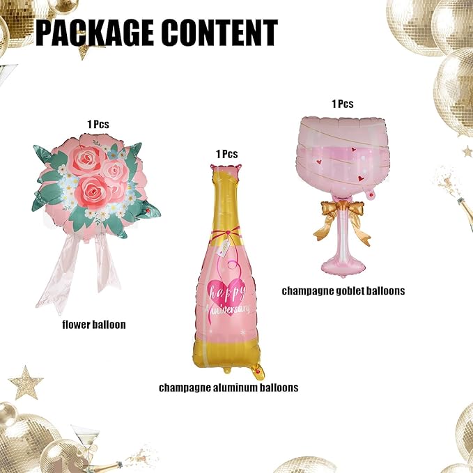 Happy Anniversary Balloon Champagne Bottle Balloon Champagn Glass Foil Balloons Flower Birthday Engagement Bridal Shower Wedding Bachelorette Celebration Anniversary Party Decorations Supplies 3 Pcs