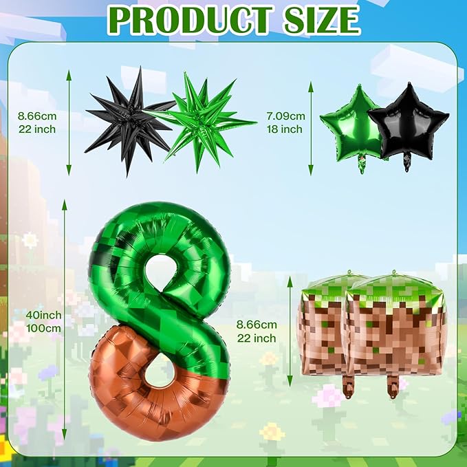40 Inch Green Pixel Miner Number 8 Balloon Set, 7Pcs MIning Large Foil Balloon Video Game Themed Party Party Decorations for Kids' Anniversary Balloon Party Supplies Supplies