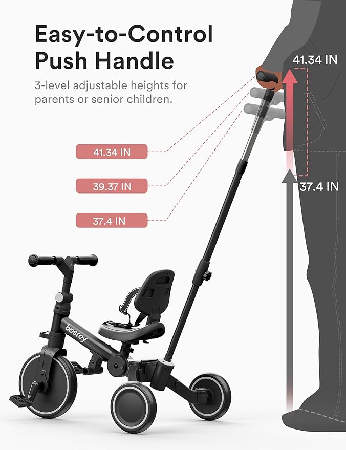 besrey 4 in 1 Toddler Bike, Toddler Tricycle for 1-3 Year Old, Trike with Push Handle, Backrest and Safety Belt, Birthday Gifts and Toys for Boys and Girls, Balance Bike (Black)