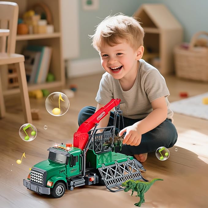 Large Dinosaur Transport Truck Toys for 3 4 5 6 7 8 Year Old Boys, Truck with Loading Crane,Lights and Sounds Vehicles Toy for Kids Childs Toddlers Christmas Birthday Gift