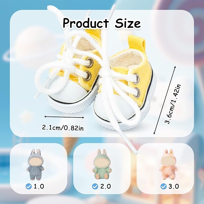 Mini Doll Shoes, 1 Pair Cute Lace Up Canvas Sneakers Compatible for 17cm/15cm Doll Shoes Toy Outfit Accessories Easter Gifts(Yellow)