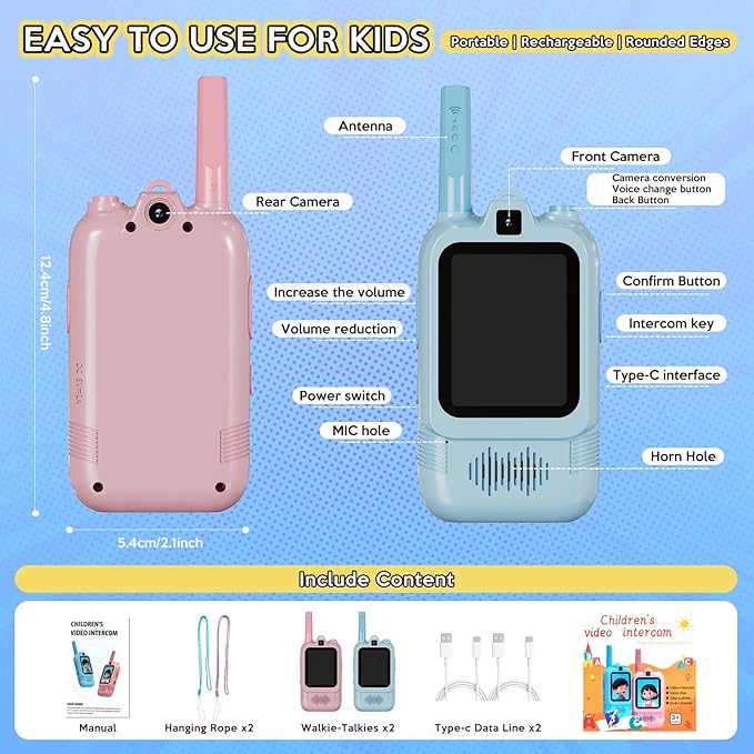 Video Walkie Talkies for Kids, Dual Camera 2-Pack Rechargeable Video Intercom,1600 Ft Range 2 Way Radios Toys|Voice Chat&Photo, Gifts for Age 3-12 Boys Girls Indoor Outdoor Games, Camping (Pink/Blue)