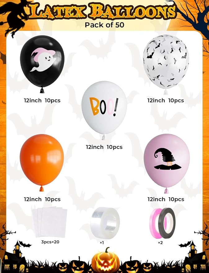 Halloween Balloons,12 Inch Pink,Black,Orange,White Balloons,Hey Boo Balloon with Cute Ghost,Wizard Hat,Bat Design for Halloween Party Decorations,Birthday,Baby Shower-50Pcs