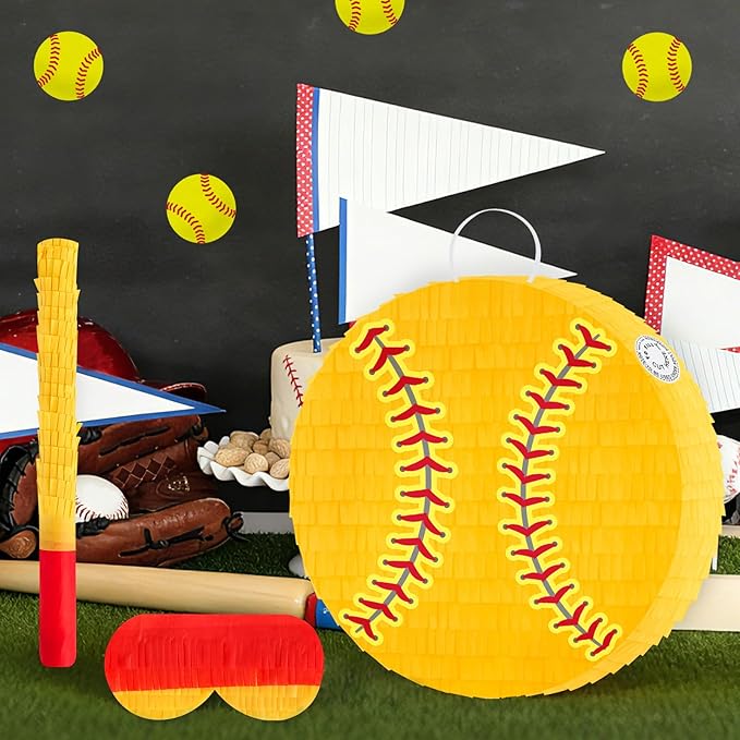 Hooqict Softball Pinata with Blindfold and Bat Stick Softball Birthday Party Decorations for Sports Day Party Supplies School Classroom Activities