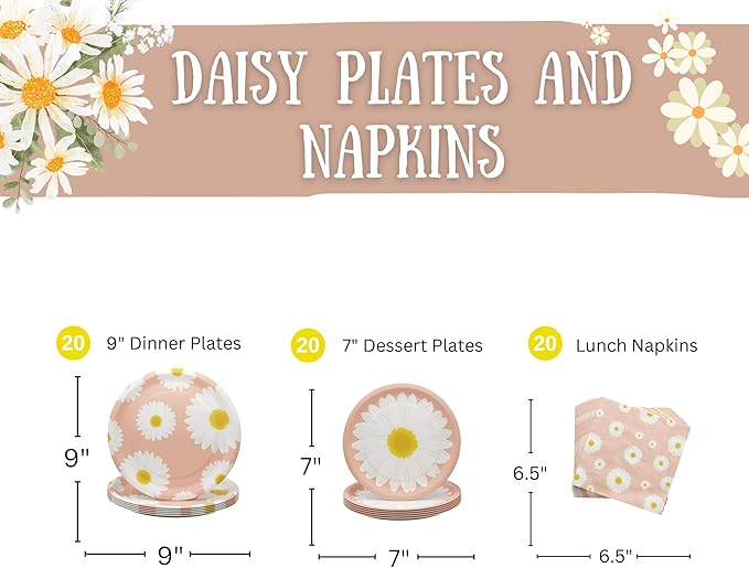 Blue Orchards Daisy Party Plates and Napkins (52 pieces for 16 Guests) - Boho Decorations, Baby Shower, Sunny and Floral Party Supplies, Theme Birthday