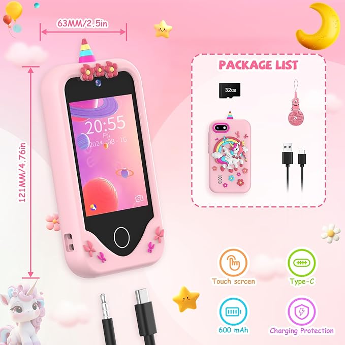 Kids Smart Phone for Girls - Toddler Christmas Birthday Gift, Pretend Phone with Touchscreen, Dual Cameras, Learning, Music Player, Games, 32GB Card, Ages 3-10, Unisex
