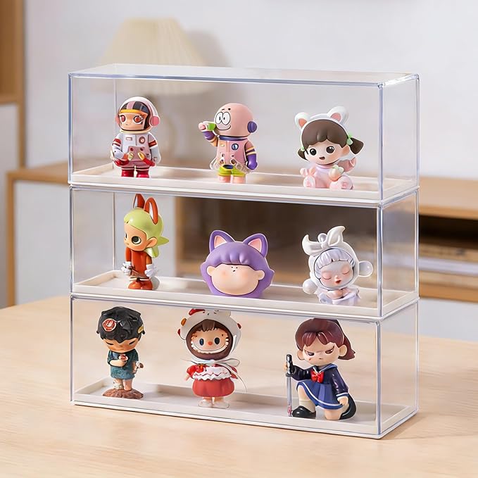 2 Pack Clear Acrylic Figures Display Case Stackable Box with Base, Dustproof Protector for Anime Figurine, Collectibles, Funko Pop, Model Cars - Home Office Display Showcase