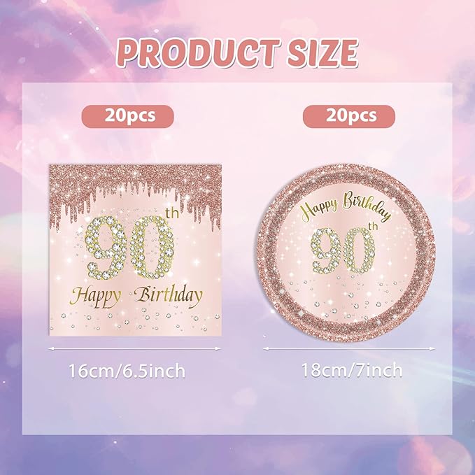 40PCS 90th Birthday Decorations for Women Rose Gold 1936 90 Year Old Theme Birthday Party Tableware Kit 90th Birthday Plates and Napkins Set for Women,Disposable 7'' Paper Plates, Napkins