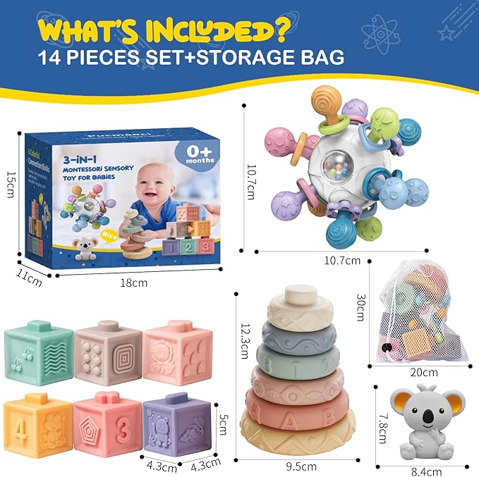 Montessori Baby Toys 3-in-1 Set for Sensory Development, Teething Toys, and Early Education - Gift for Toddler Baby 0-3-6-12-18 Months