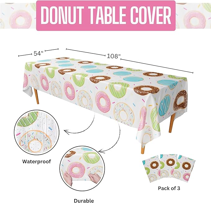 Blue Orchards Donut Table Covers (Pack of 3) - 54"x108" XL - Birthday Decorations, Donut Table Covers, Donut Tablecloth, Donut Themed, Donut Grow Up Too Fast Party