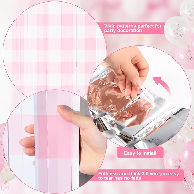 2 Pcs Pink Gingham Party Decorations 3.3 x 6.6 ft Pink and White Checkered Foil Fringe Curtains Backdrop Tinsel Streamers for Wedding Birthday Baby Shower Party Decor Supplies