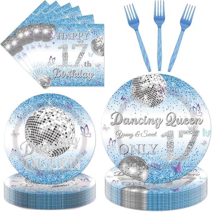 96Pcs Dancing Queen 17th Birthday Disposable Tableware Set - Dancing Queen Happy 17th Birthday Paper Plates Napkins Forks Blue Disco 17 Years Old Party Supplies Serve 24 Guests