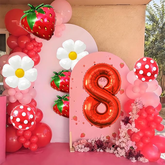 Strawberry Balloons Eighth Birthday Decorations for Girl, 40 Inch Mylar Red Number 8 Balloons, Strawberry Balloon for Strawberry Party Decorations, Strawberry Birthday Decorations
