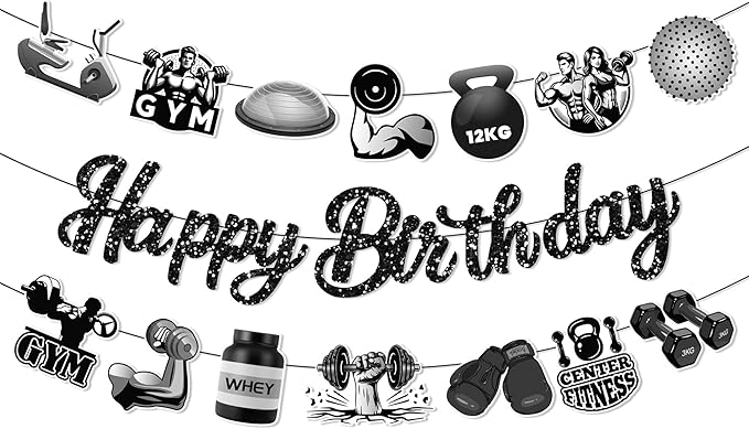 CC HOME 3Pcs Gym Happy Birthday Banner Barbell Boxing gloves Party Hanging Banner Fitness Theme Birthday Bridal Wedding Baby Shower Boys Girls Kids Home Classroom Party Supplies Decorations