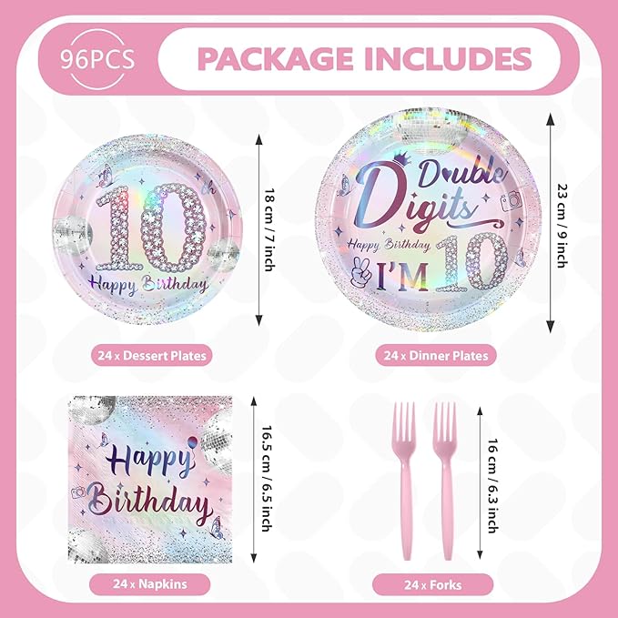 96Pcs 10th Birthday Party Decorations for Girls Double Digits Plates and Napkins Iridescence Silver Pink 10th Tableware for Girls Double Digits Tenth Birthday Party Decorations Serve 24