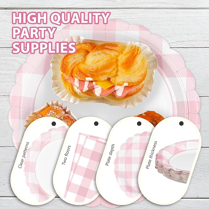 96Pcs Pink Birthday Party Decorations for Girls Light Pink & White Scalloped Checkered Plaid Plates and Napkins Tableware Sets for Kids Baby Shower BBQ Pastel Theme Party Supplies Serves 24