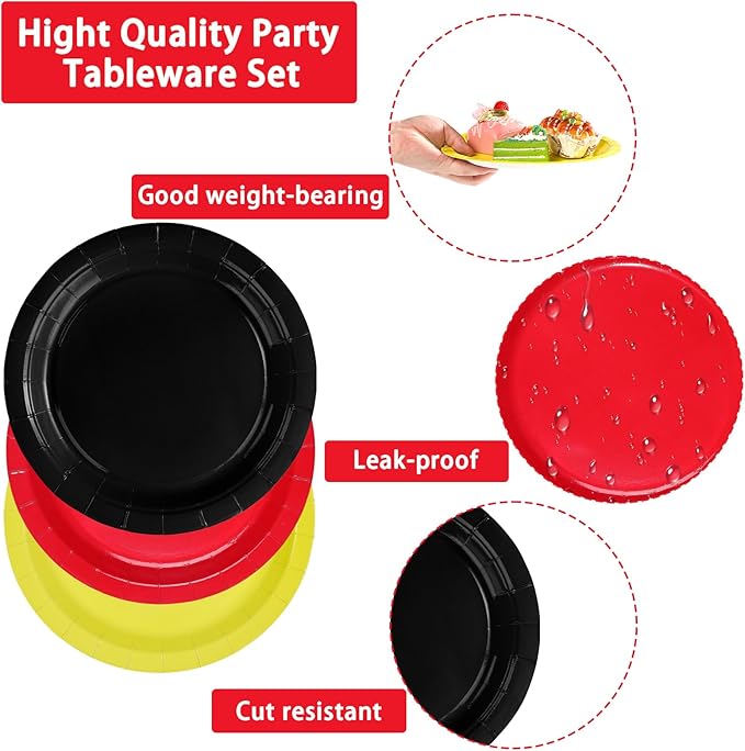 96Pcs Mouse Color Birthday Party Decorations Red Black Yellow Dessert Paper Plates and Napkins Set Cartoon Themed Mouse Decor for Kids Boys Girls 1st Birthday Baby Shower Party Supplies Serves 24