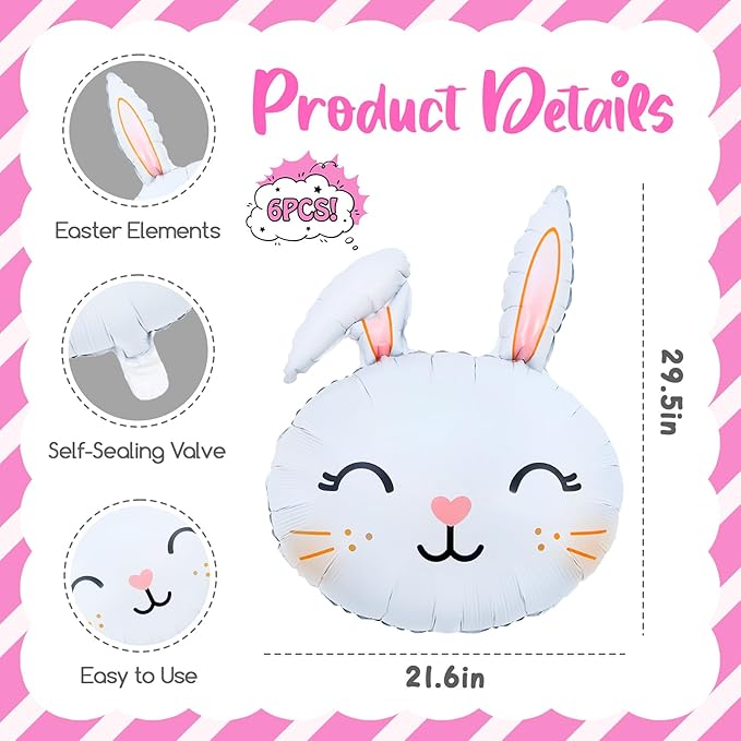 6PCS Easter-Bunny Balloons Rabbit Head Foil Balloons Easter Themed Party Mylar Bunny Birthday Party Supplies Decorations