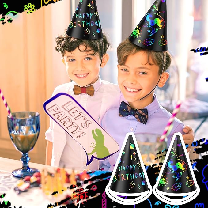 Lewtemi Scratch Party Hats DIY Birthday Art Cone Scratch Hats Colorful Party Craft Paper Hat Decorating Supplies
