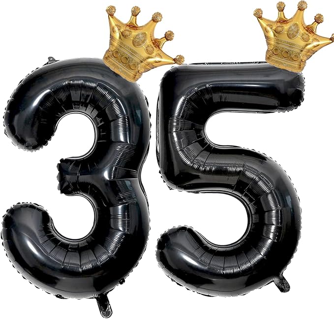 40 inch Large Black 35 Balloon Number with Gold Crown Balloons 35th Birthday Big Foil Mylar Helium Balloon for Boys Girls 35th Birthday Anniversary Decorations Supplies Favors(Number 35 Balloons）