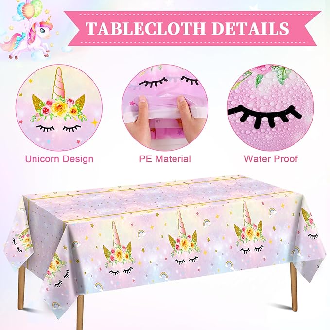 Winrayk 142Pcs Pink Unicorn Party Decorations Birthday Supplies for Girls, Pink Balloon Arch with Backdrop Tablecloth Large Self-designed Foil Balloons, Kids Rainbow Unicorn Theme Birthday Decorations